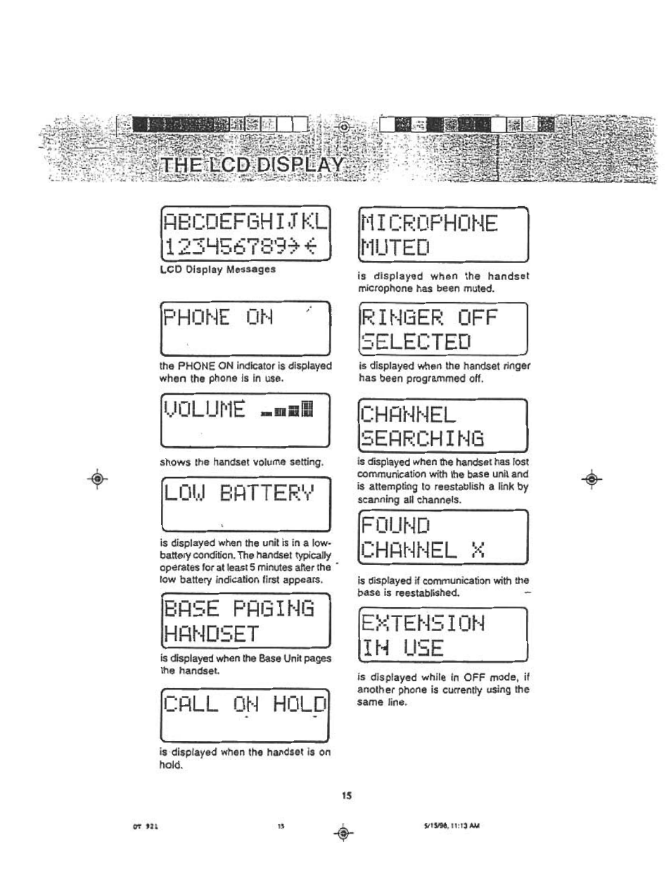 Hbcdefghijkl 123h567s9->f, Microphone, Muted | Phone on, Ringer off selected, Lou brtterv, Found, Channel, Base paging handset, Extension in use | Audiovox DT921C User Manual | Page 15 / 37