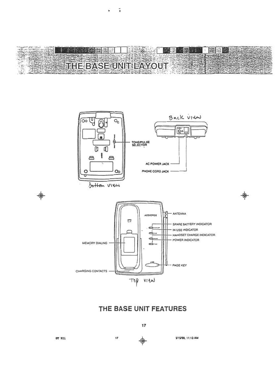 The base unit features | Audiovox DT921C User Manual | Page 17 / 37