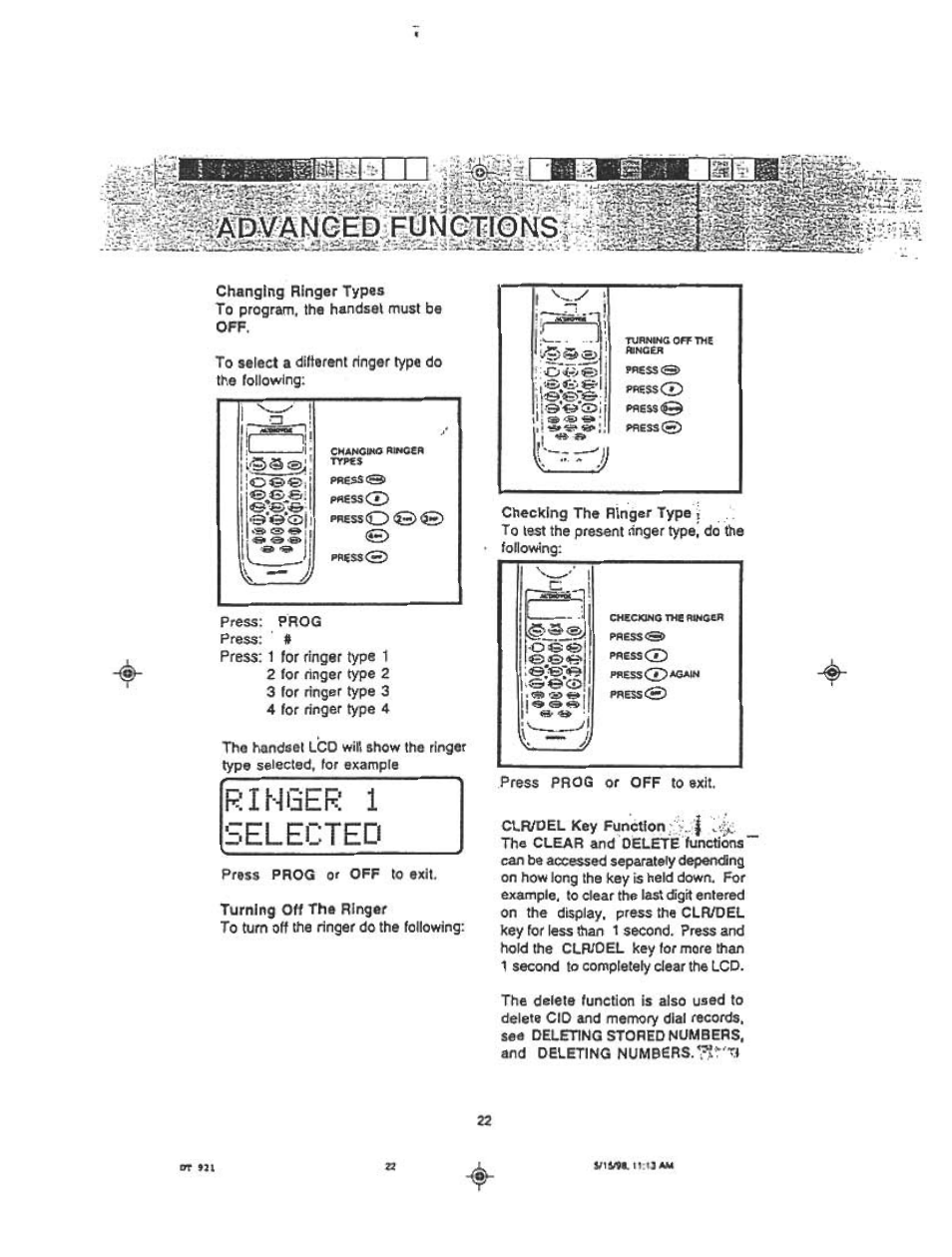 Ringer 1 selected | Audiovox DT921C User Manual | Page 22 / 37