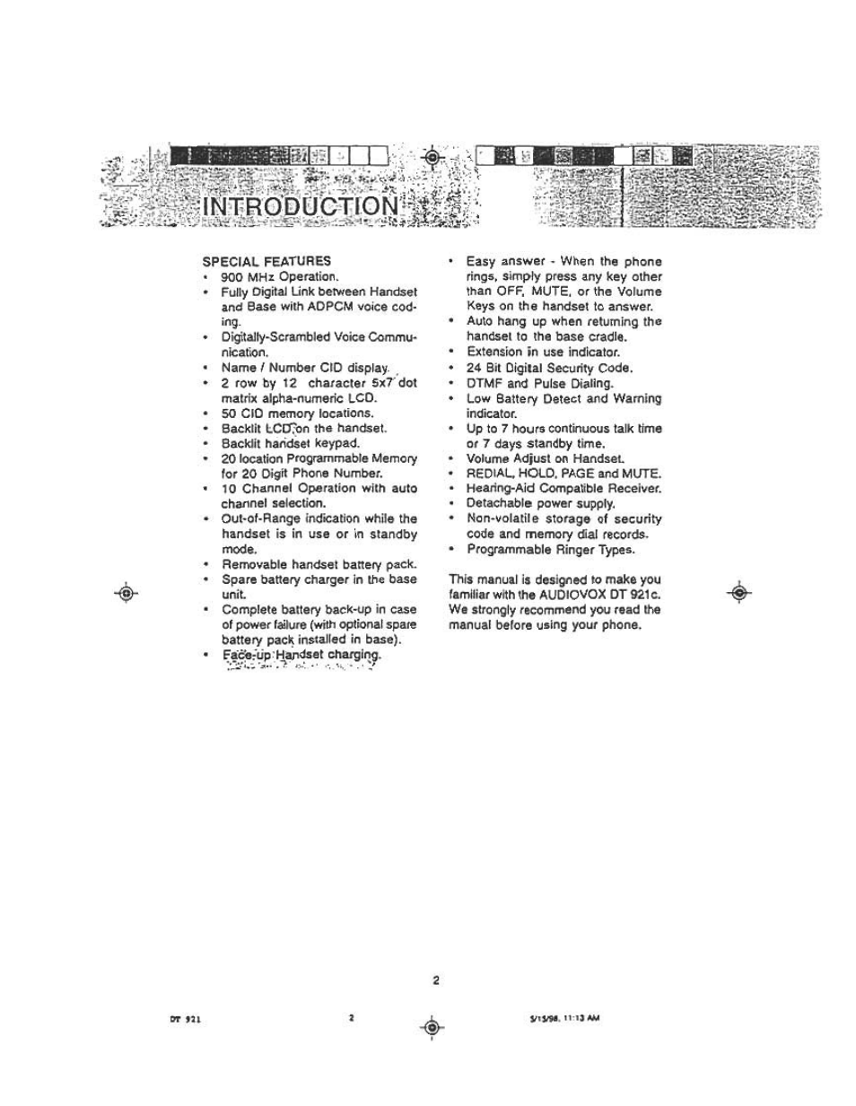 Otmf and pujse dialing | Audiovox DT921C User Manual | Page 3 / 37