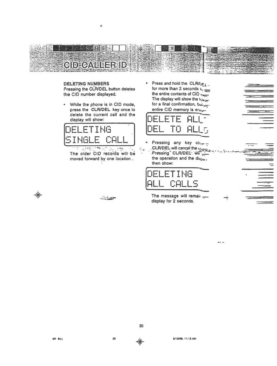 Delete rll' del to hlll, Deleting *“ hll cfills, Deleting single c | Delete rll' del to hll | Audiovox DT921C User Manual | Page 30 / 37