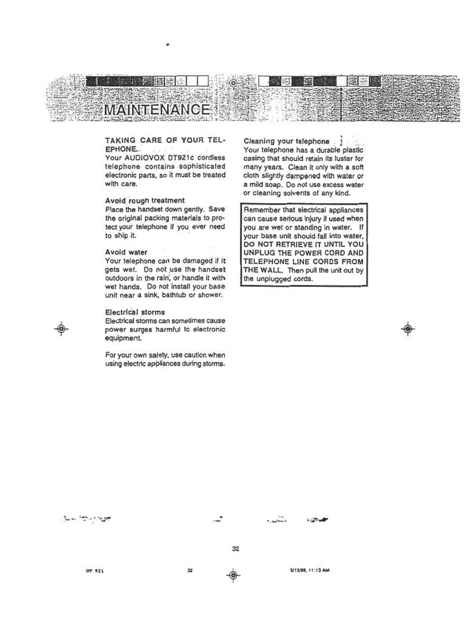 Avoid water | Audiovox DT921C User Manual | Page 32 / 37