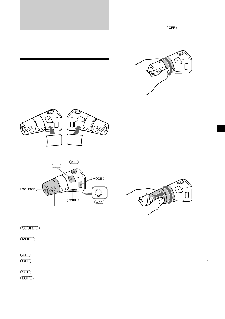 Altre funzioni, Utilizzo del telecomando a rotazione, Pressione dei tasti | Tramite rotazione del telecomando, Ruotare il telecomando e spingerlo verso l’interno | Sony CDX-MP30 User Manual | Page 111 / 152