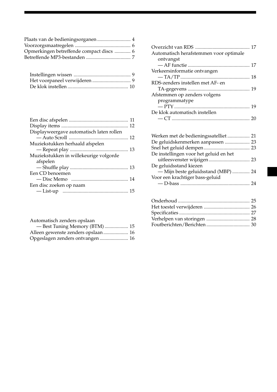 3inhoud, Aan de slag, Cd-speler los verkrijgbare cd/md- apparatuur | Radio, Andere functies, Overige informatie | Sony CDX-MP30 User Manual | Page 123 / 152