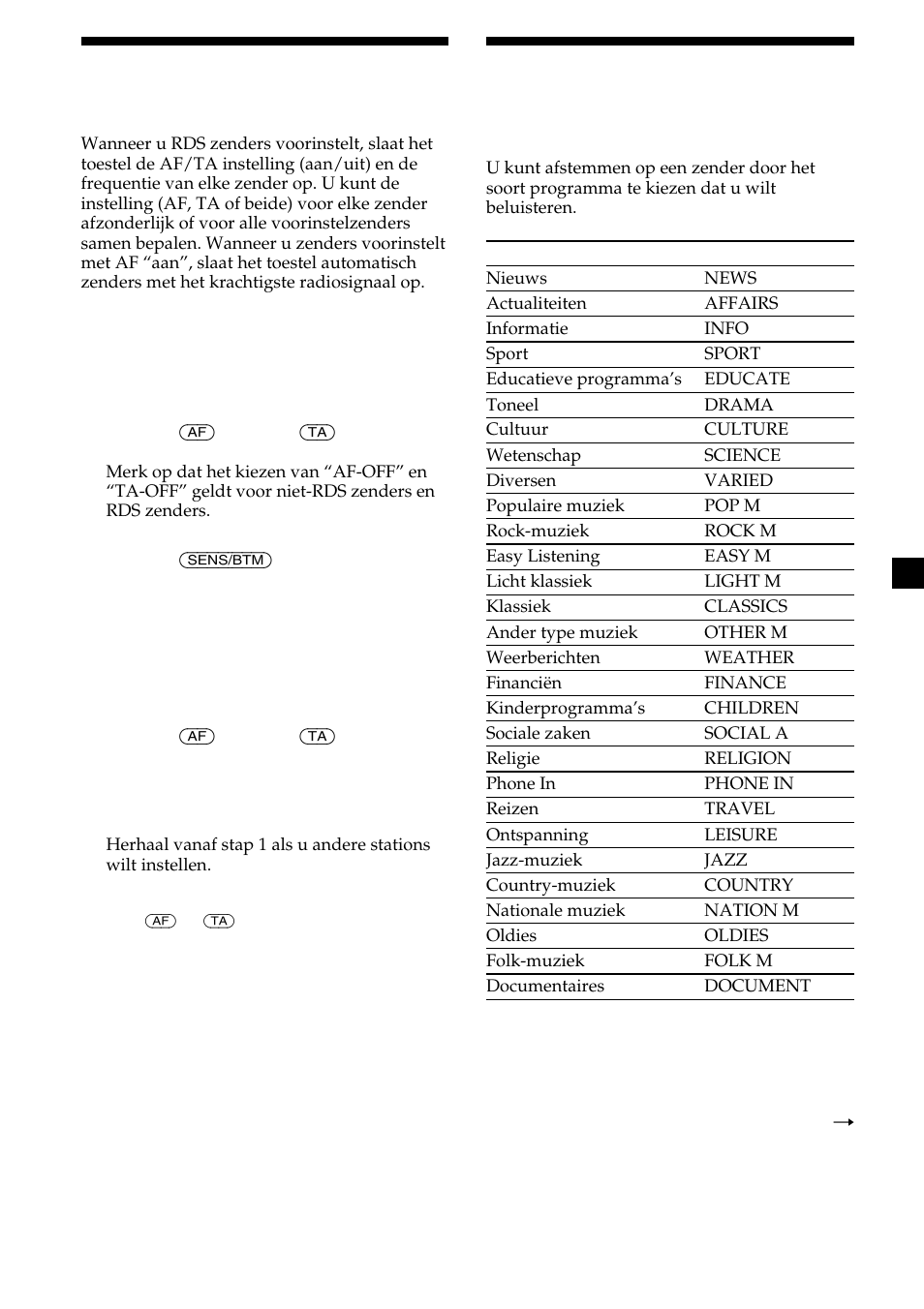 19 afstemmen op zenders volgens programmatype, Rds-zenders instellen met af- en ta-gegevens | Sony CDX-MP30 User Manual | Page 139 / 152