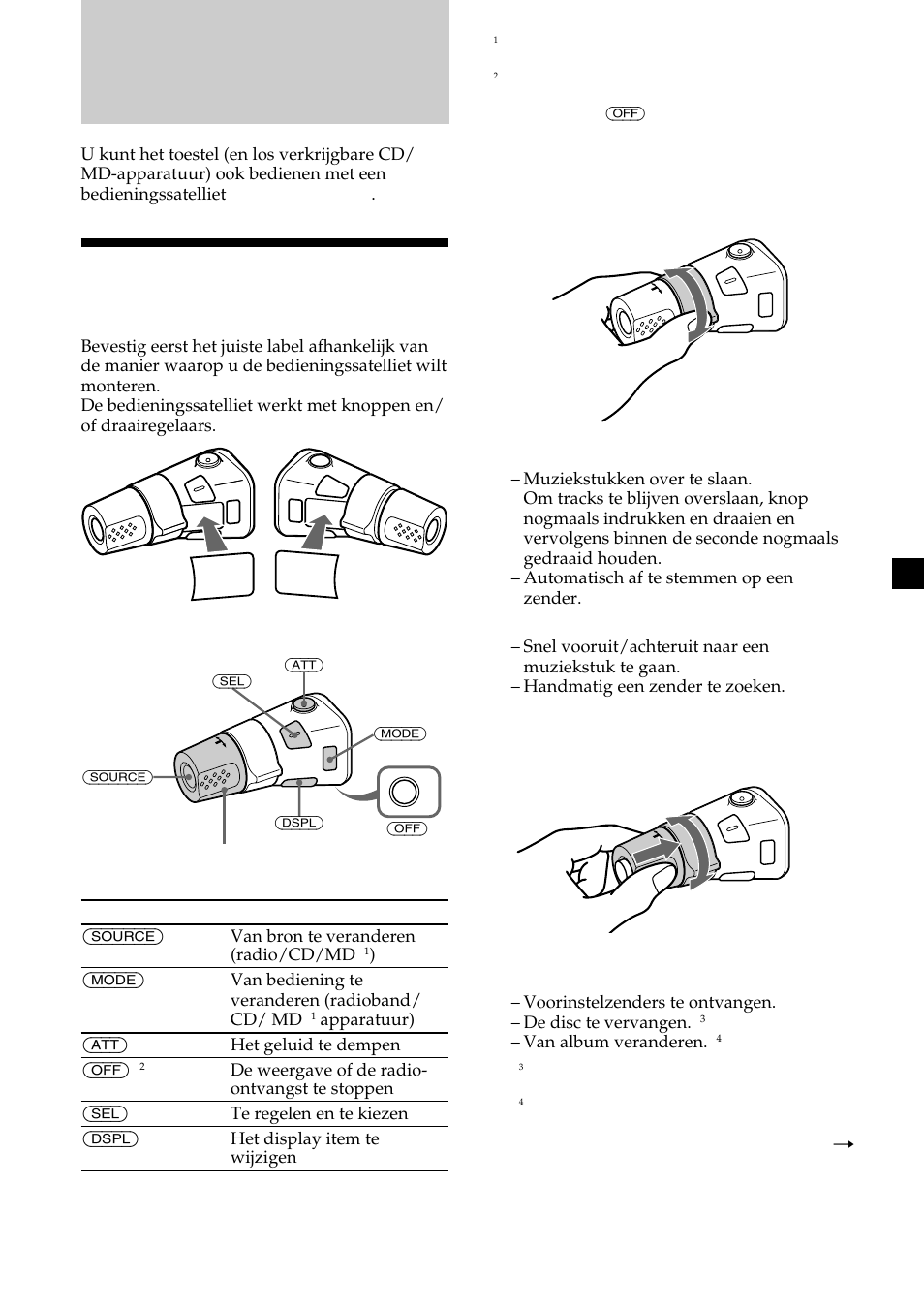 Andere functies, Werken met de bedieningssatelliet, Door op toetsen te drukken | Door aan het bedieningselement te draaien | Sony CDX-MP30 User Manual | Page 141 / 152