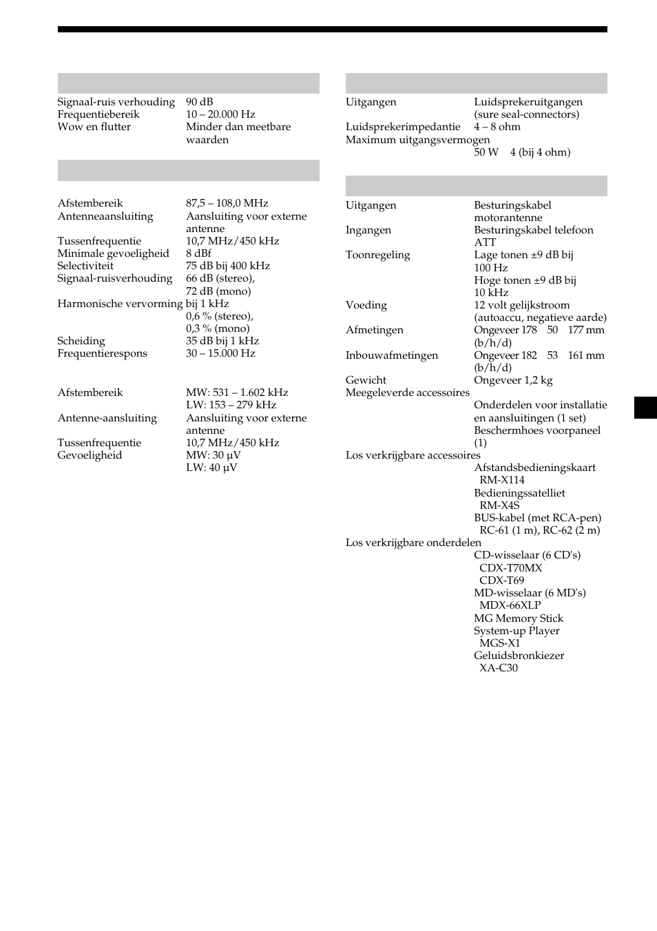 27 specificaties, Cd-speler, Radio | Versterker, Algemeen | Sony CDX-MP30 User Manual | Page 147 / 152