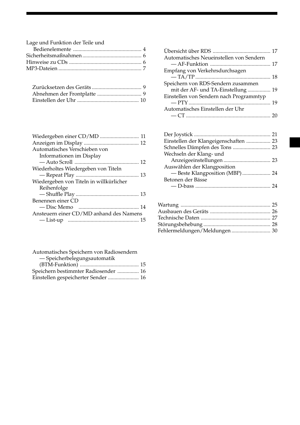 3inhalt, Vorbereitungen, Cd-player cd/md-gerät (gesondert erhältlich) | Radio, Weitere funktionen, Weitere informationen | Sony CDX-MP30 User Manual | Page 33 / 152