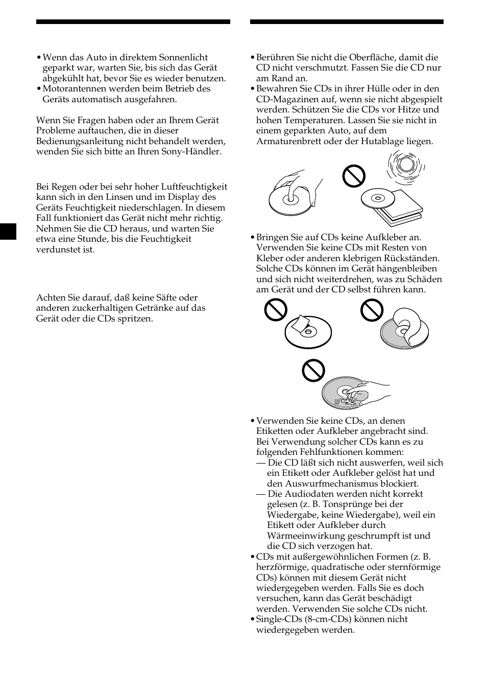 6sicherheitsmaßnahmen, Hinweise zu cds | Sony CDX-MP30 User Manual | Page 36 / 152