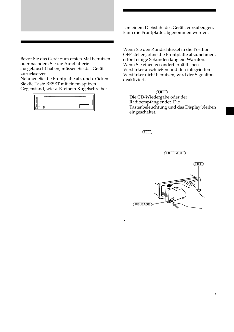 Vorbereitungen, 9abnehmen der frontplatte, Zurücksetzen des geräts | Sony CDX-MP30 User Manual | Page 39 / 152