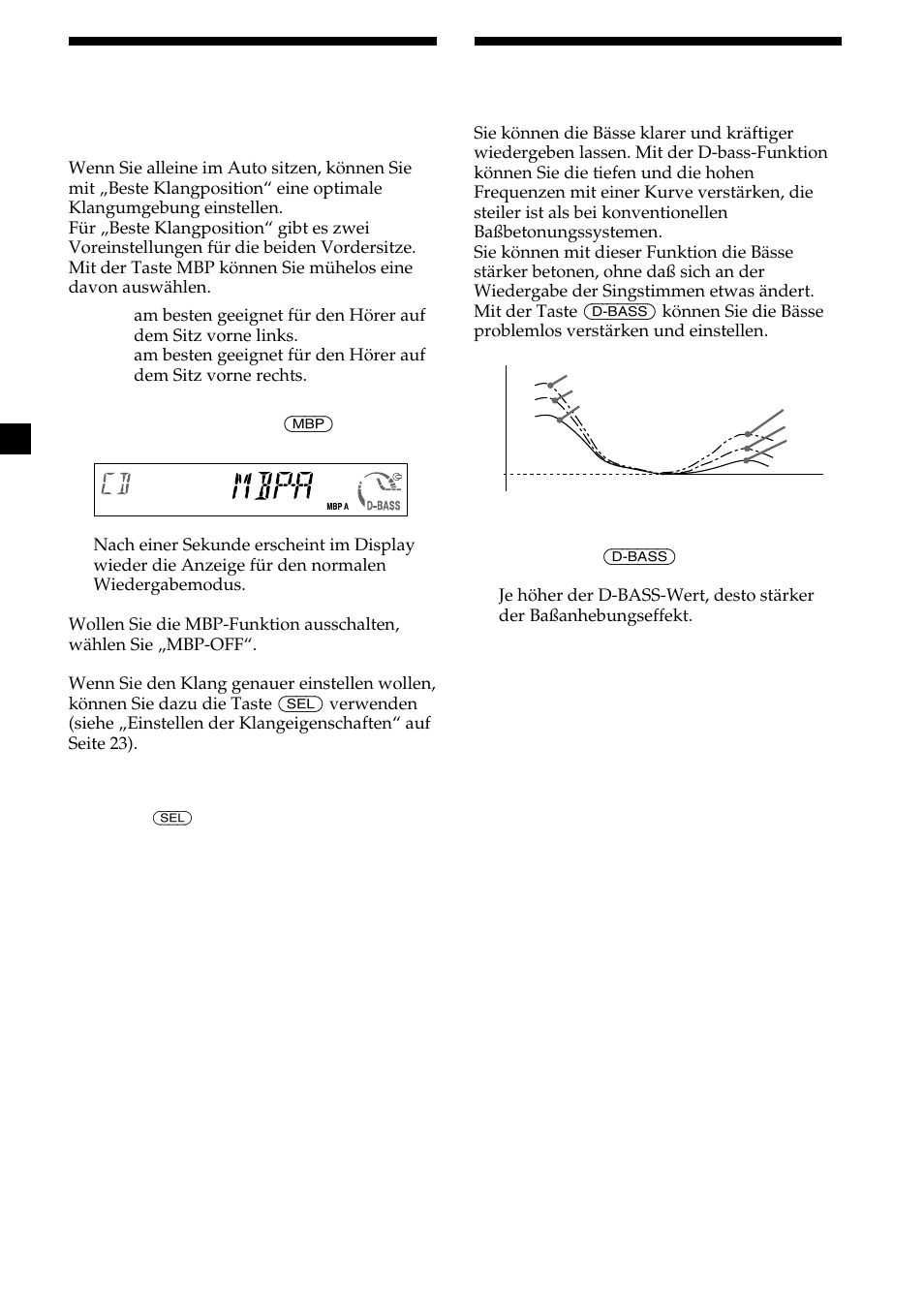 24 betonen der bässe, Auswählen der klangposition, D-bass | Beste klangposition (mbp) | Sony CDX-MP30 User Manual | Page 54 / 152