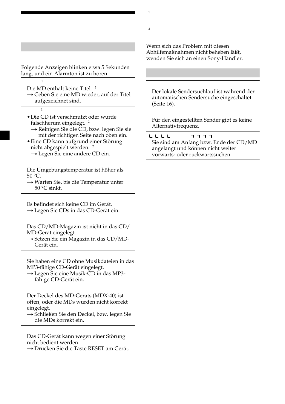 30 fehlermeldungen/ meldungen | Sony CDX-MP30 User Manual | Page 60 / 152