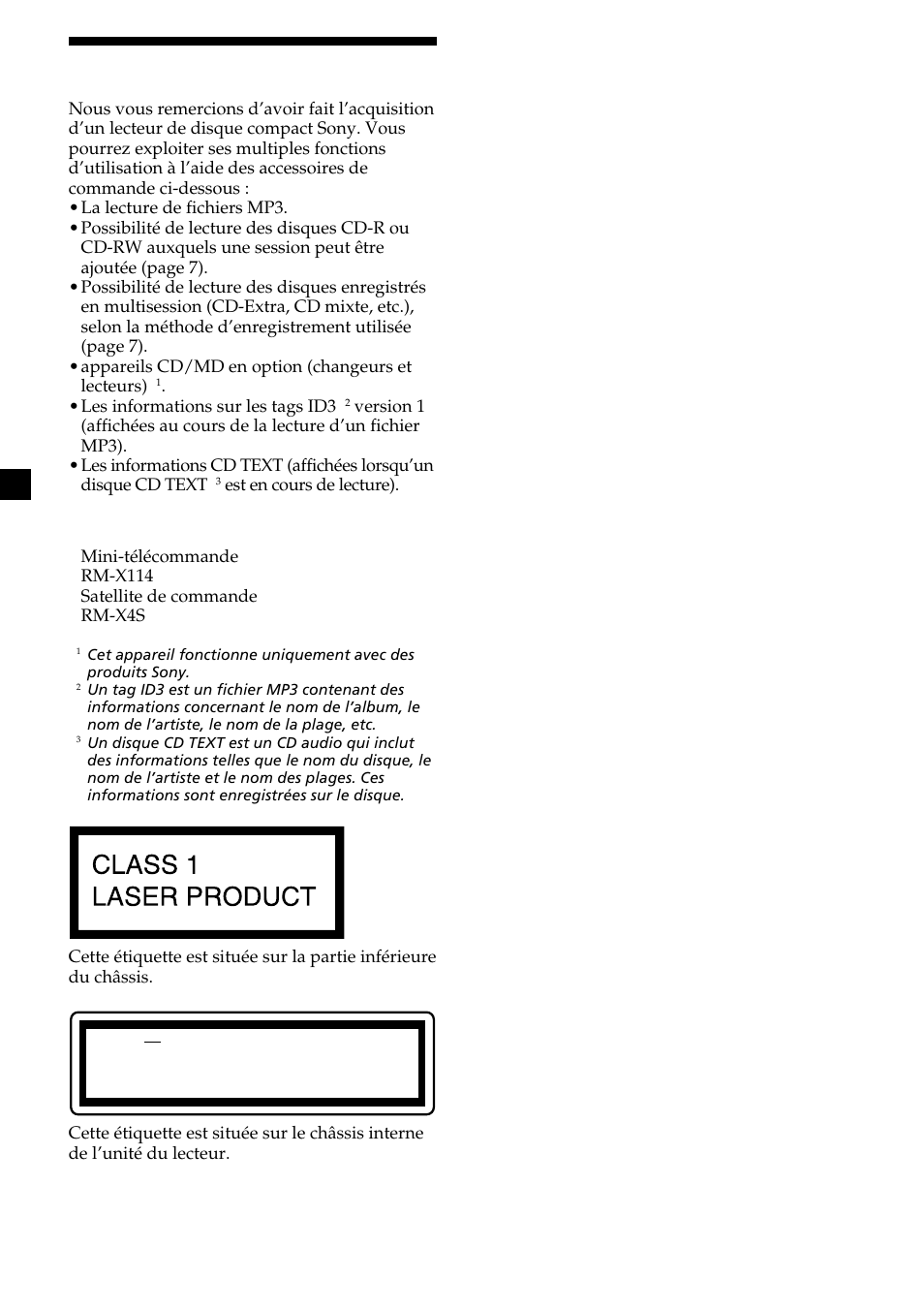 2félicitations, Accessoires de commande en option | Sony CDX-MP30 User Manual | Page 62 / 152
