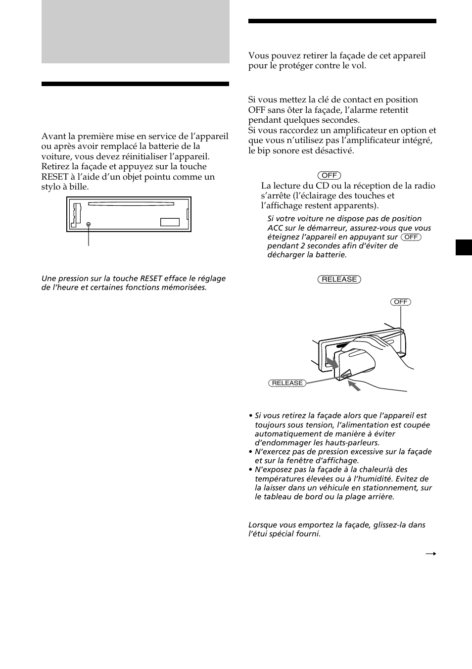 Préparation, 9dépose de la façade, Réinitialisation de l’appareil | Sony CDX-MP30 User Manual | Page 69 / 152