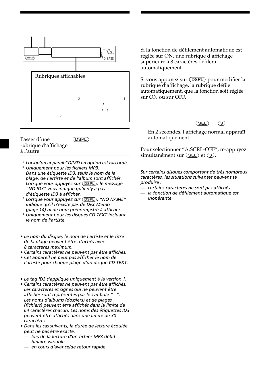 12 rubriques d’affichage, Défilement automatique d’une rubrique d’affichage, Défilement automatique | Sony CDX-MP30 User Manual | Page 72 / 152