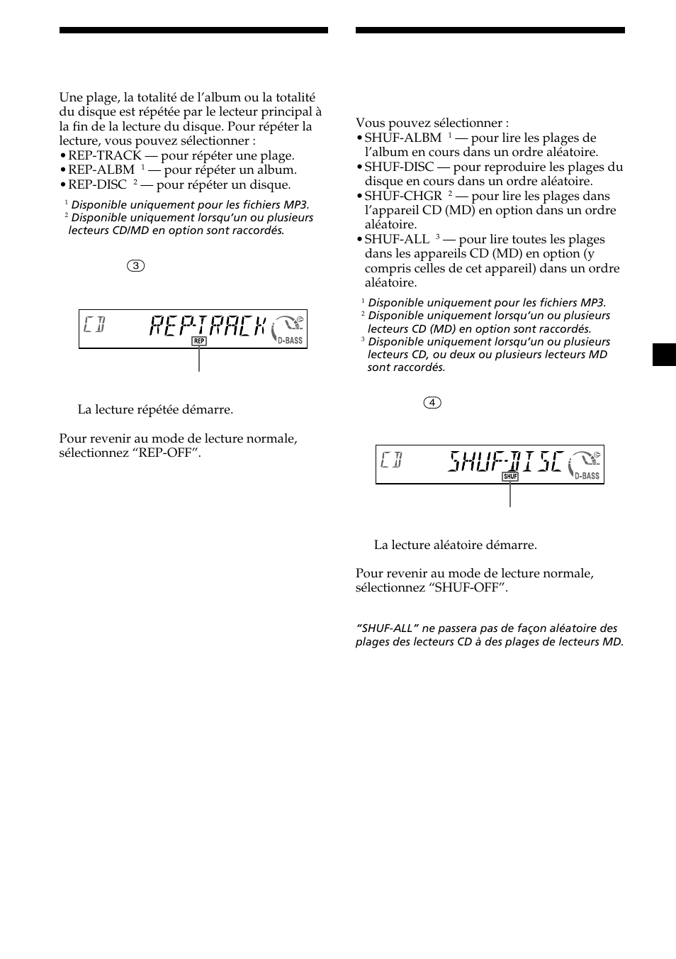 13 lecture de plages répétée, Lecture de plages dans un ordre quelconque, Lecture répétée | Lecture aléatoire | Sony CDX-MP30 User Manual | Page 73 / 152
