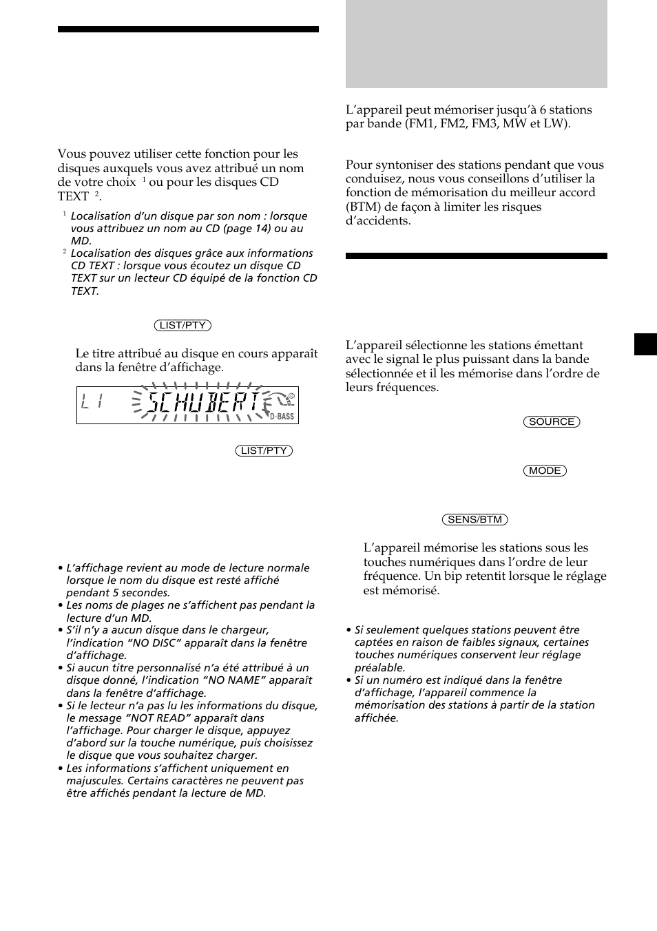 Radio, Mémorisation automatique des stations, Localisation d’un disque par son titre | Sony CDX-MP30 User Manual | Page 75 / 152