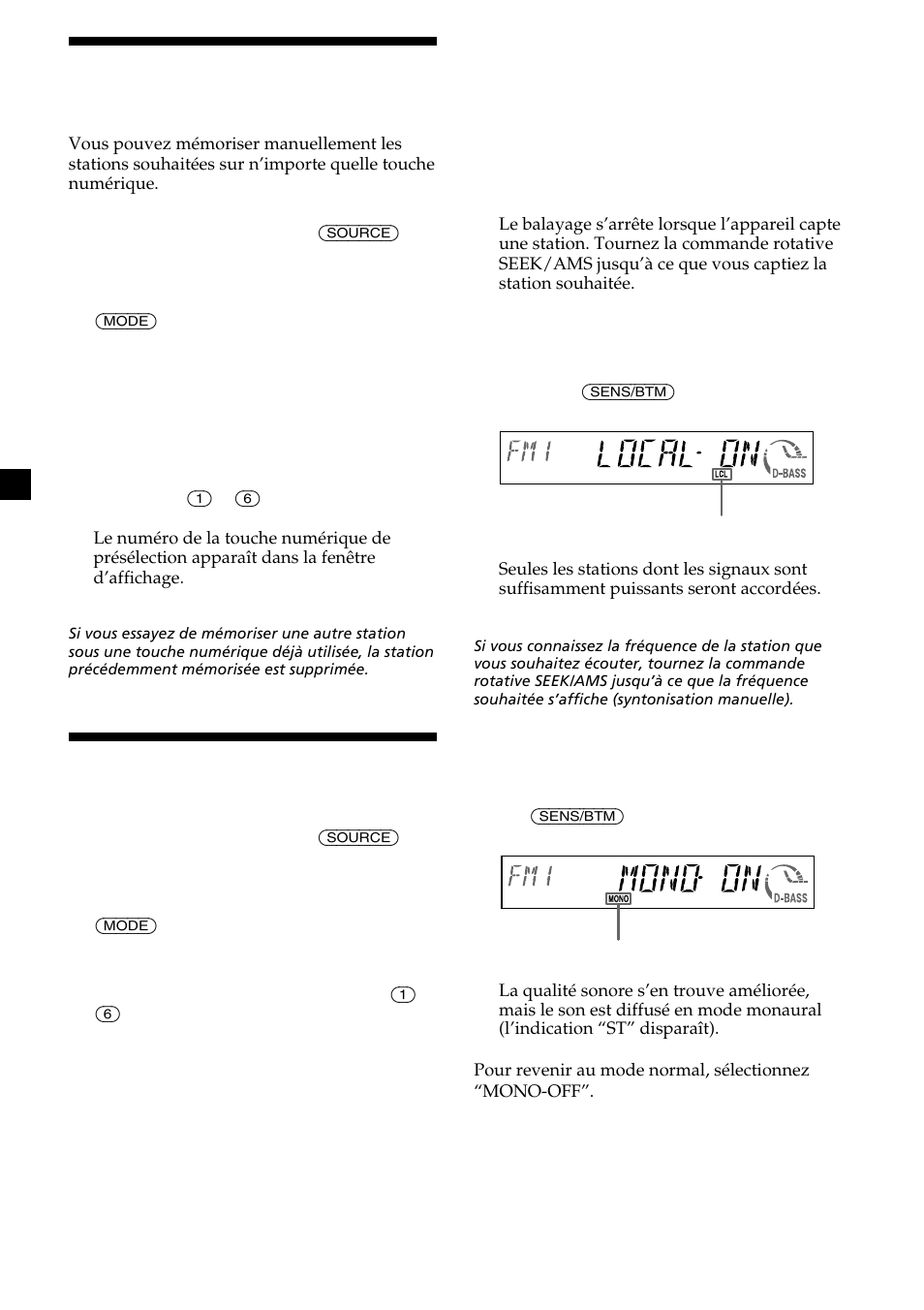 Mémorisation des stations souhaitées seulement, Ecoute des stations mémorisées | Sony CDX-MP30 User Manual | Page 76 / 152