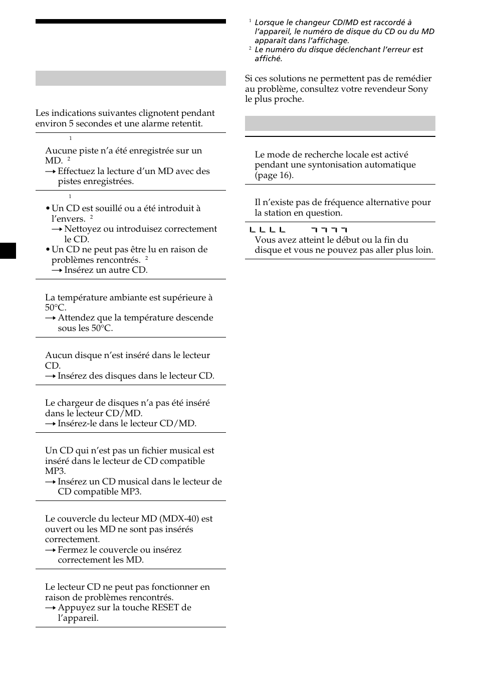 Affichages d’erreur/ messages | Sony CDX-MP30 User Manual | Page 90 / 152