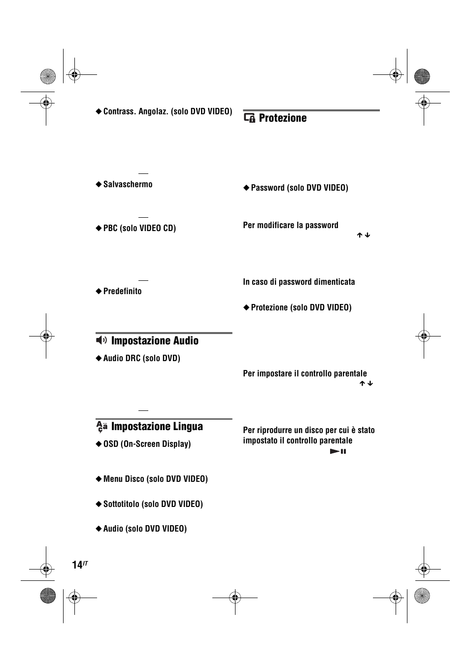 Impostazione audio, Impostazione lingua, Protezione | Sony DVP-FX780 User Manual | Page 100 / 132