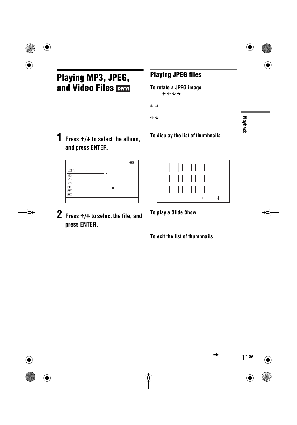 Playing mp3, jpeg, and video files, Playing jpeg files, Press x / x to select the album, and press enter | Press x / x to select the file, and press enter | Sony DVP-FX780 User Manual | Page 11 / 132