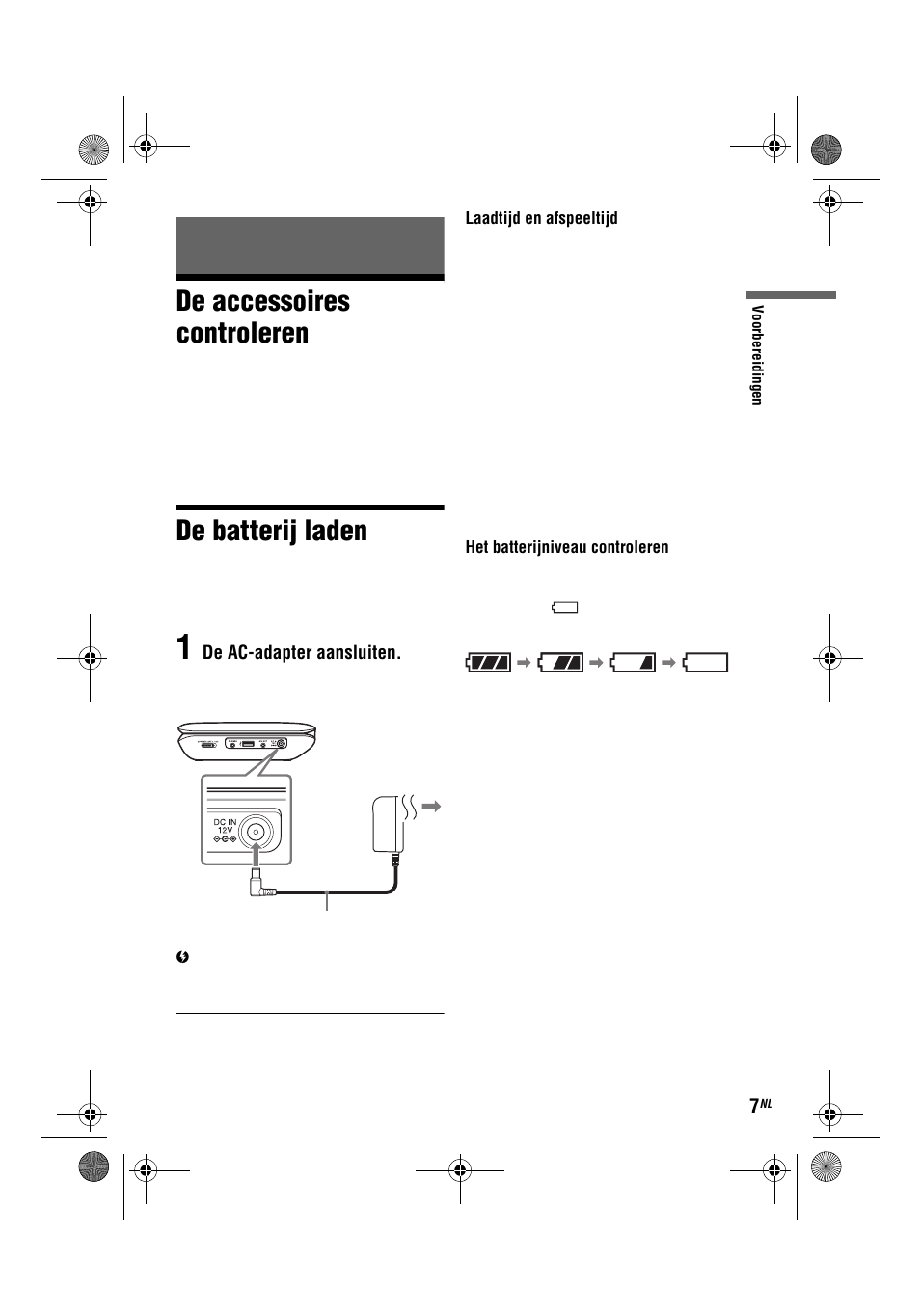 De accessoires controleren, De batterij laden | Sony DVP-FX780 User Manual | Page 115 / 132