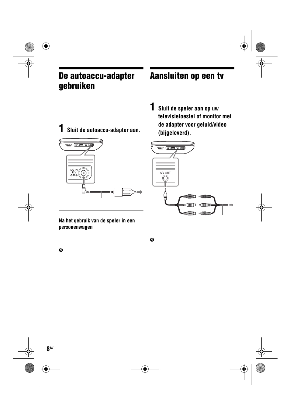 De autoaccu-adapter gebruiken, Aansluiten op een tv | Sony DVP-FX780 User Manual | Page 116 / 132