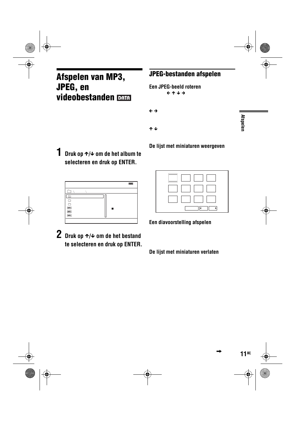 Afspelen van mp3, jpeg, en videobestanden, Jpeg-bestanden afspelen, Een jpeg-beeld roteren | De lijst met miniaturen weergeven, Een diavoorstelling afspelen, De lijst met miniaturen verlaten | Sony DVP-FX780 User Manual | Page 119 / 132