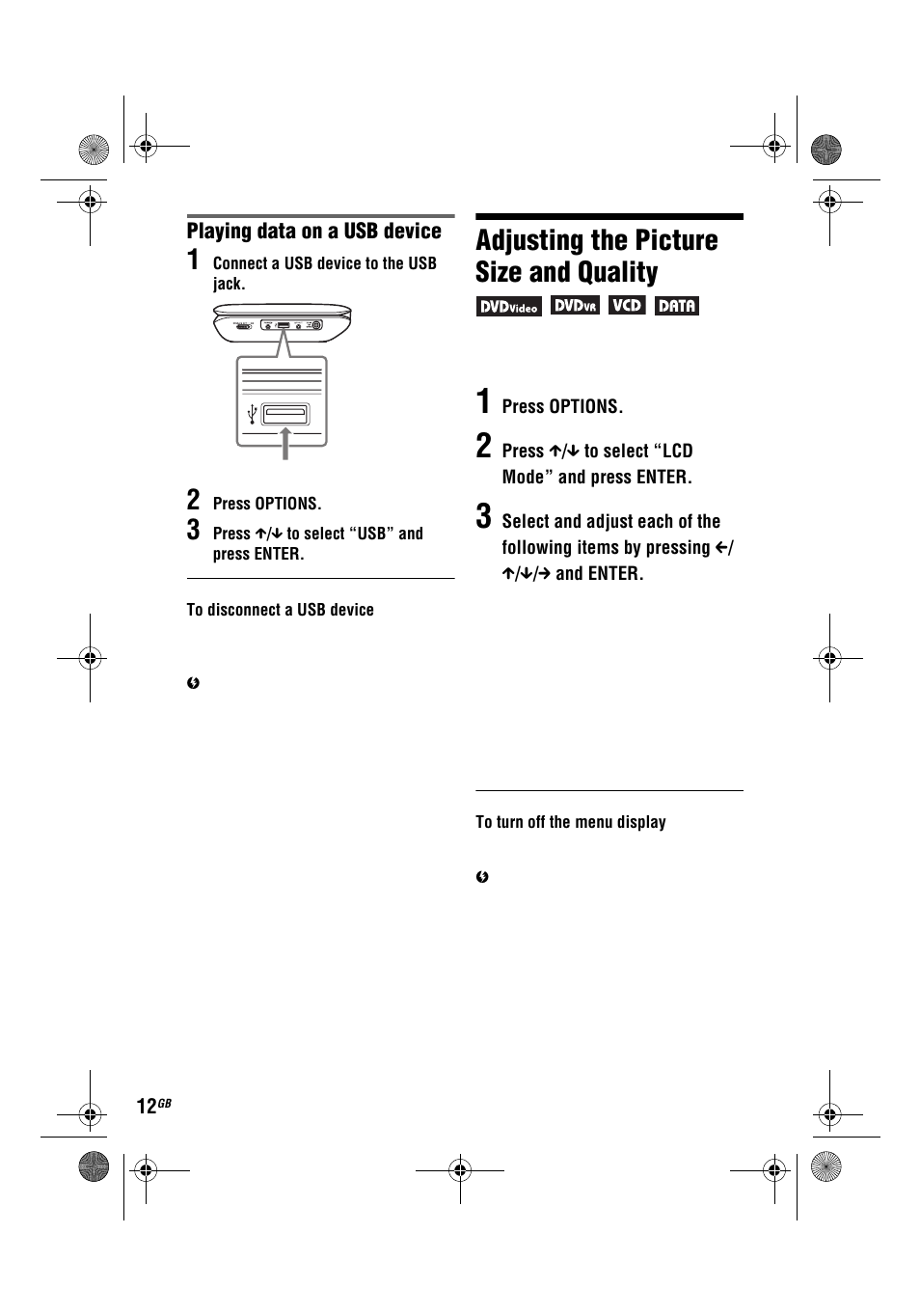 Adjusting the picture size and quality, Playing data on a usb device | Sony DVP-FX780 User Manual | Page 12 / 132