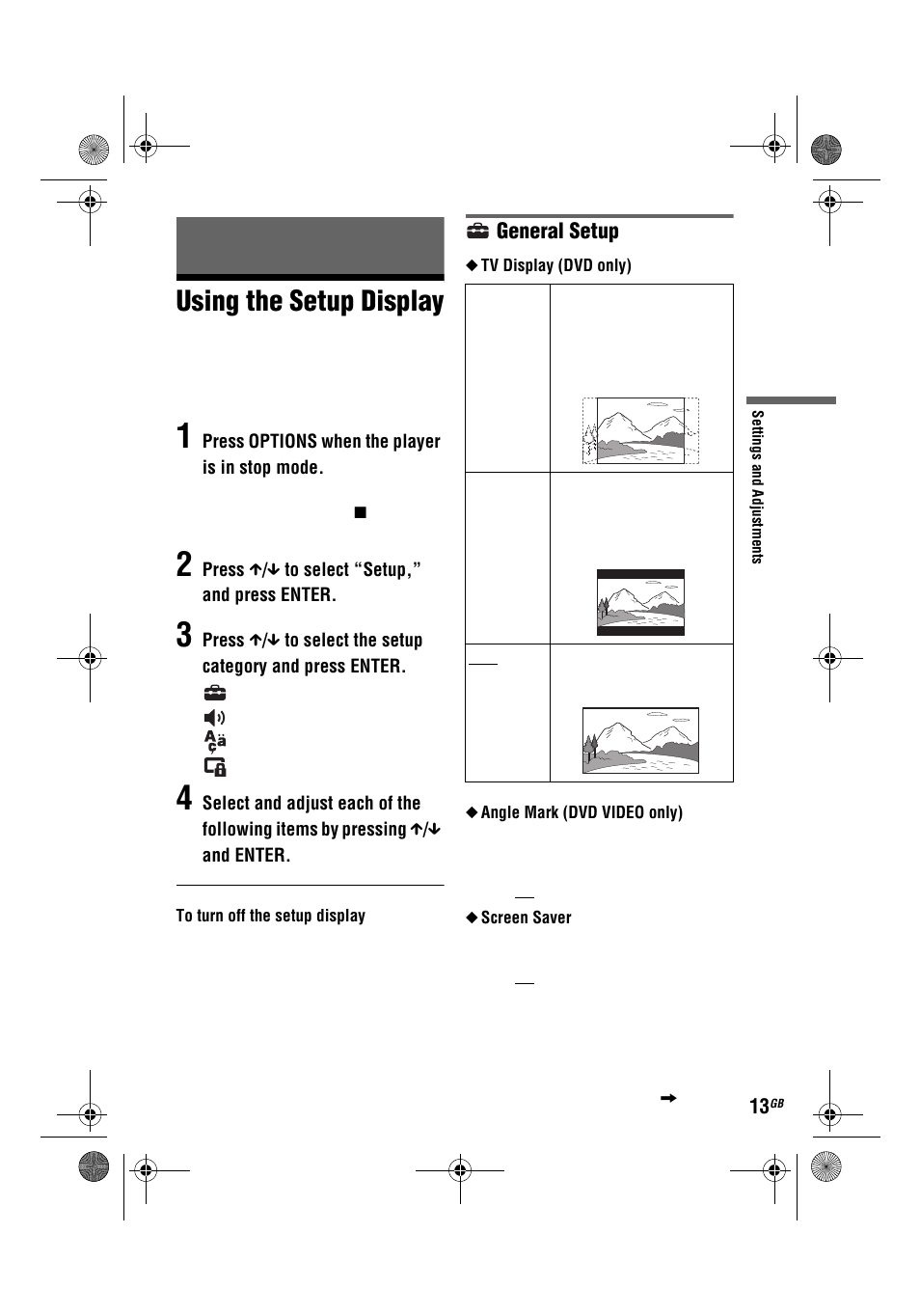 Using the setup display, General setup | Sony DVP-FX780 User Manual | Page 13 / 132
