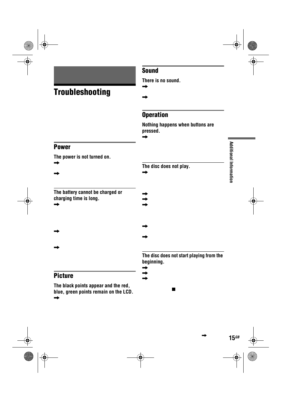 Troubleshooting, Power, Picture | Sound, Operation | Sony DVP-FX780 User Manual | Page 15 / 132