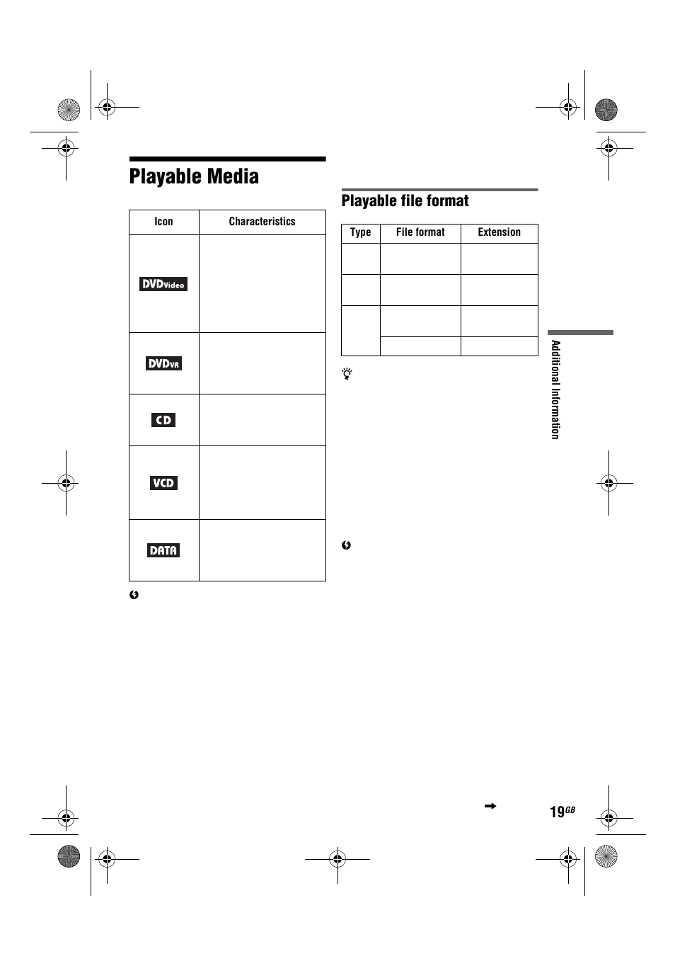 Playable media, Playable file format | Sony DVP-FX780 User Manual | Page 19 / 132