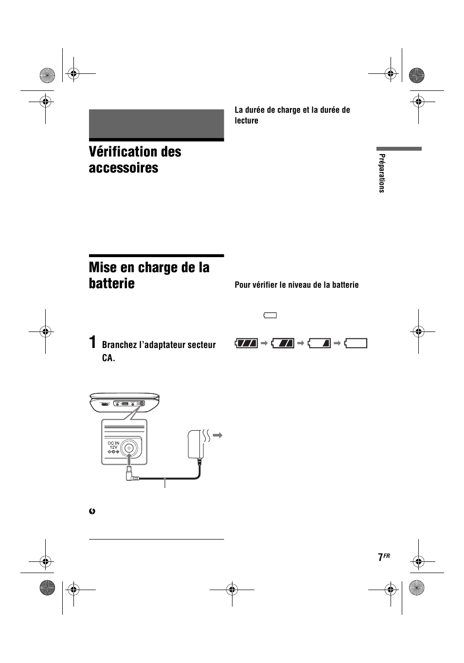 Vérification des accessoires, Mise en charge de la batterie | Sony DVP-FX780 User Manual | Page 27 / 132