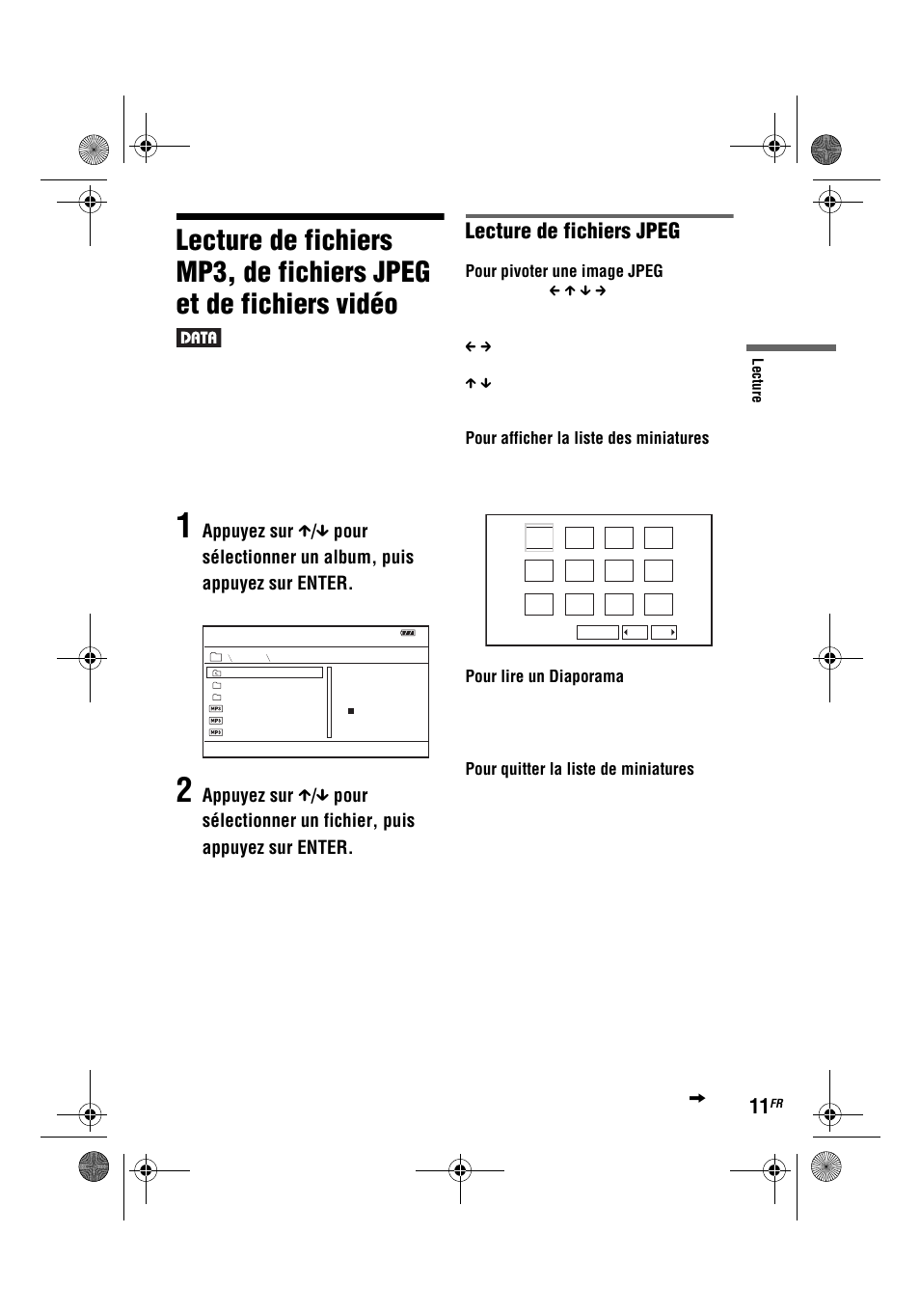 Lecture de fichiers jpeg, Pour pivoter une image jpeg, Pour afficher la liste des miniatures | Pour lire un diaporama, Pour quitter la liste de miniatures | Sony DVP-FX780 User Manual | Page 31 / 132