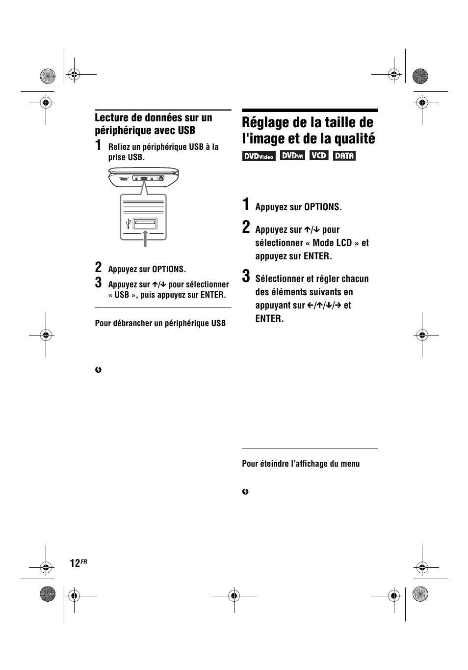 Réglage de la taille de l'image et de la qualité, Lecture de données sur un périphérique avec usb | Sony DVP-FX780 User Manual | Page 32 / 132