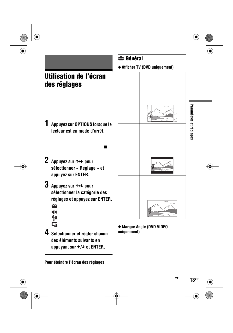 Utilisation de l’écran des réglages, Général | Sony DVP-FX780 User Manual | Page 33 / 132