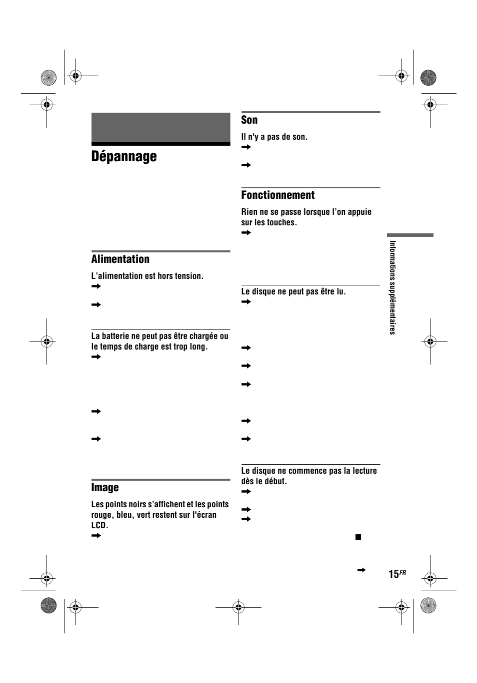 Dépannage, Alimentation, Image | Fonctionnement | Sony DVP-FX780 User Manual | Page 35 / 132