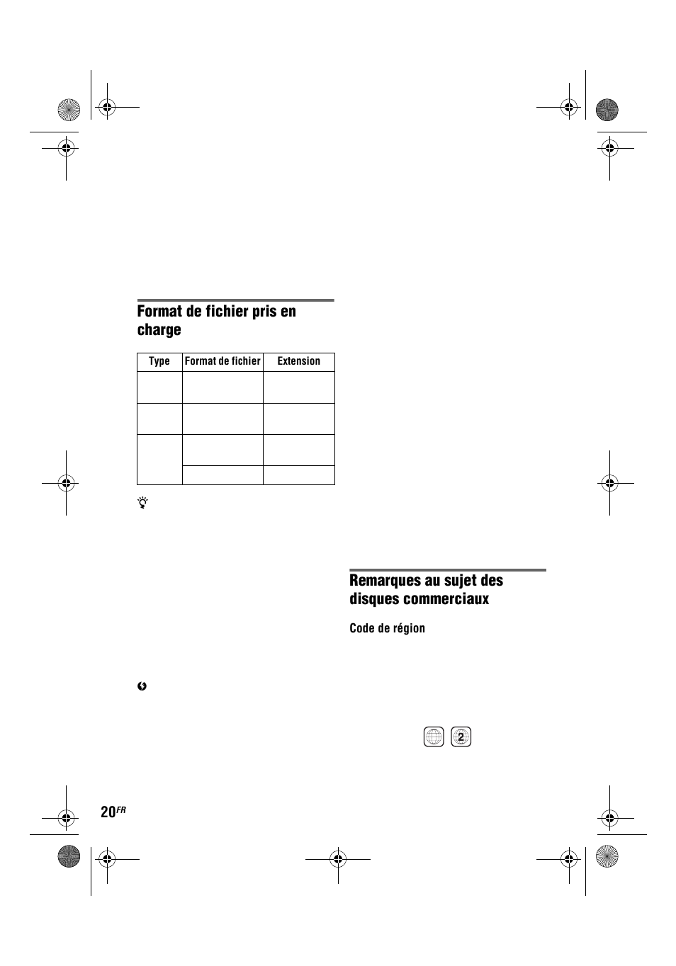 Format de fichier pris en charge, Remarques au sujet des disques commerciaux | Sony DVP-FX780 User Manual | Page 40 / 132