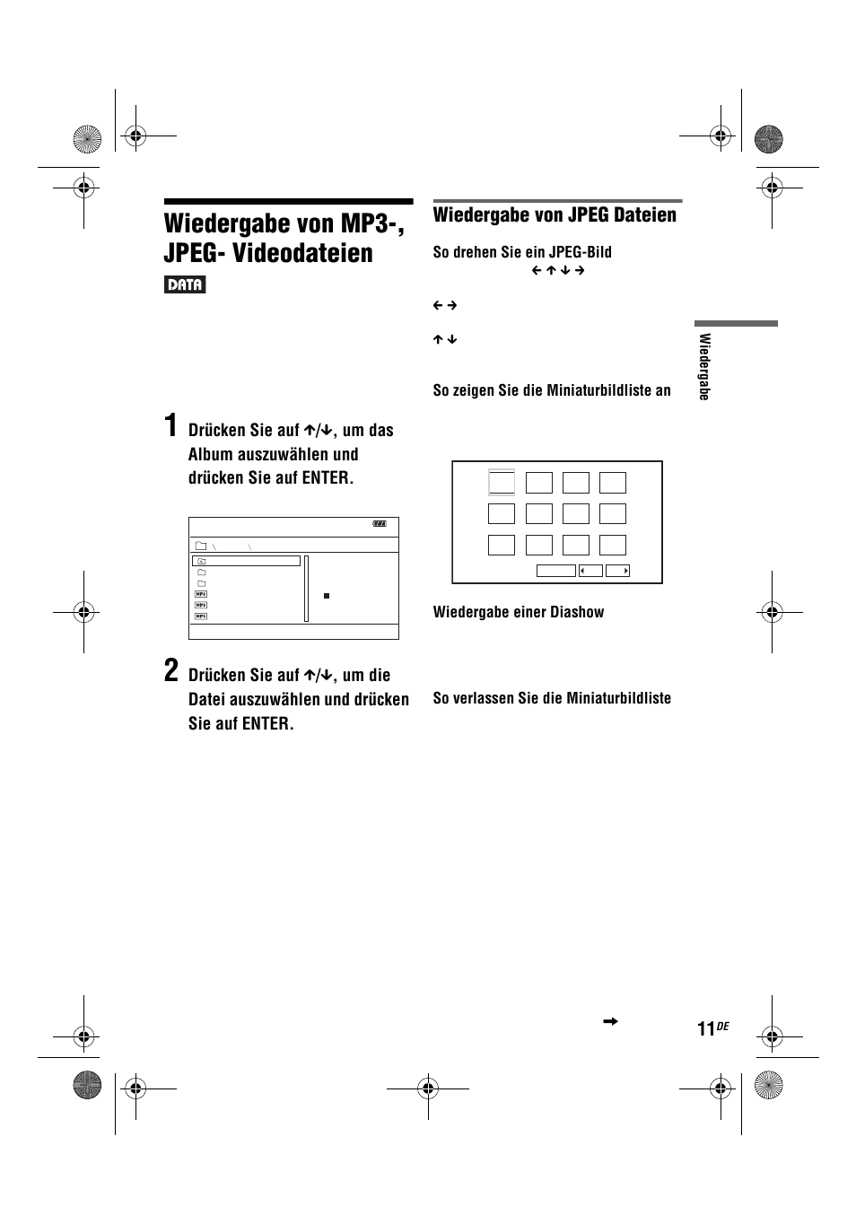 Wiedergabe von mp3-, jpeg- videodateien, Wiedergabe von jpeg dateien, So drehen sie ein jpeg-bild | So zeigen sie die miniaturbildliste an, Wiedergabe einer diashow, So verlassen sie die miniaturbildliste | Sony DVP-FX780 User Manual | Page 53 / 132
