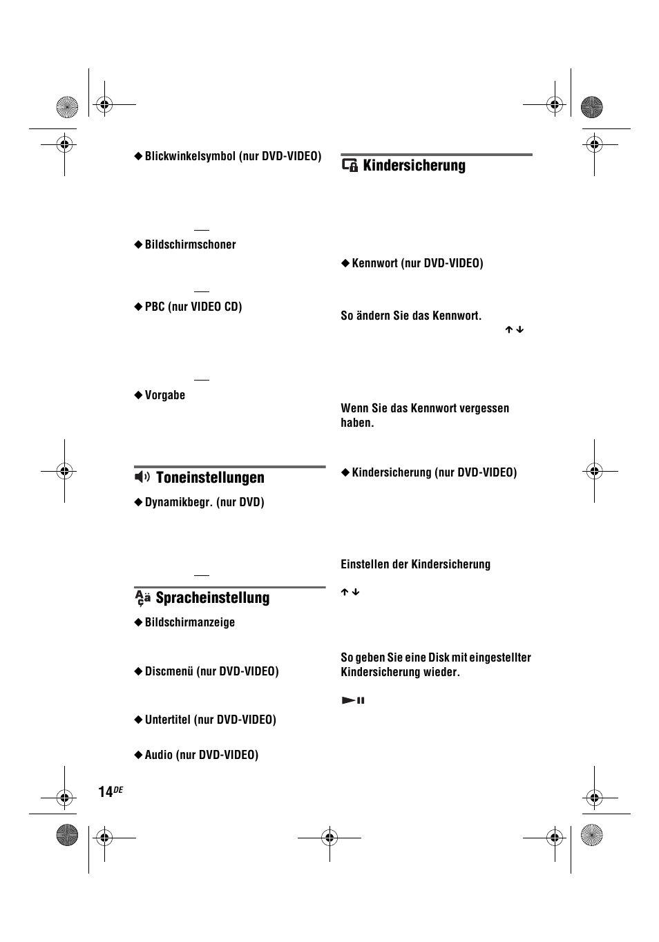 Toneinstellungen, Spracheinstellung, Kindersicherung | Sony DVP-FX780 User Manual | Page 56 / 132