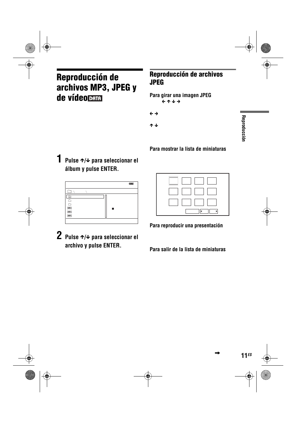 Reproducción de archivos mp3, jpeg y de vídeo, Reproducción de archivos jpeg, Para girar una imagen jpeg | Para mostrar la lista de miniaturas, Para reproducir una presentación, Para salir de la lista de miniaturas | Sony DVP-FX780 User Manual | Page 75 / 132