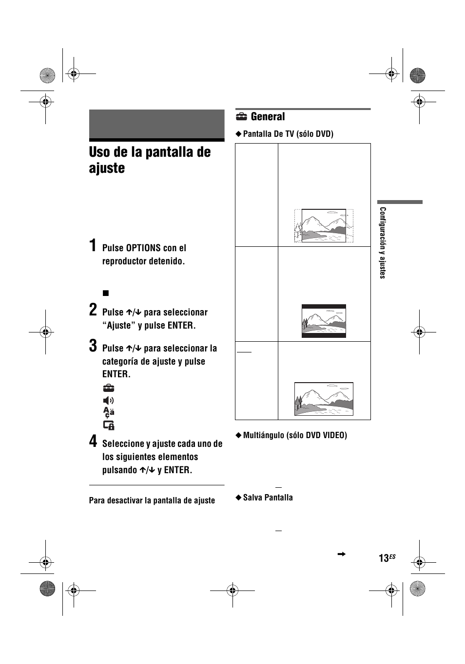 Uso de la pantalla de ajuste, General | Sony DVP-FX780 User Manual | Page 77 / 132