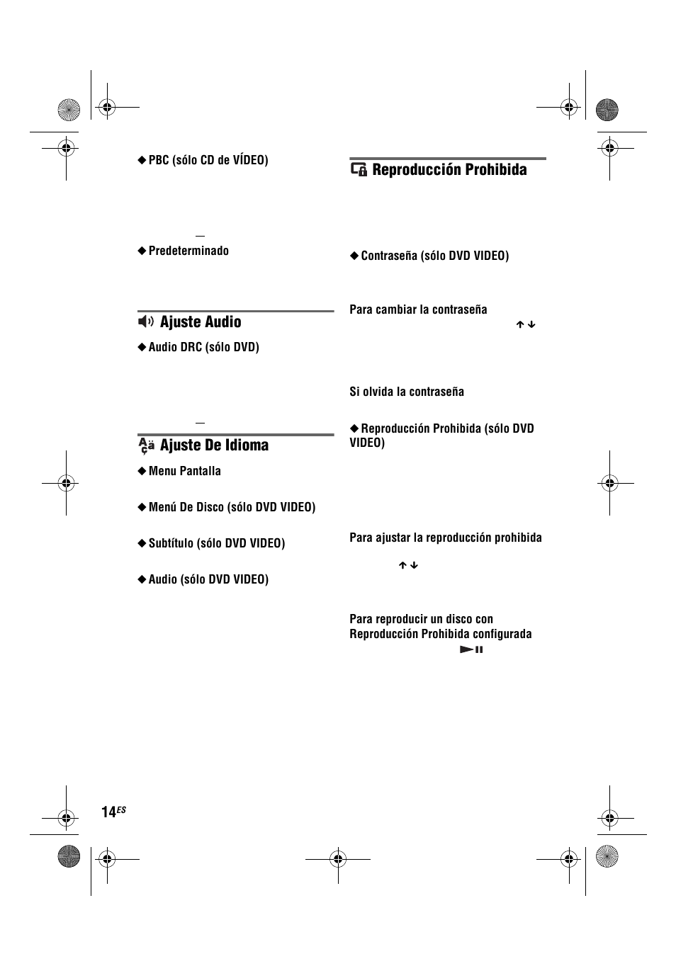 Ajuste audio, Ajuste de idioma, Reproducción prohibida | Sony DVP-FX780 User Manual | Page 78 / 132