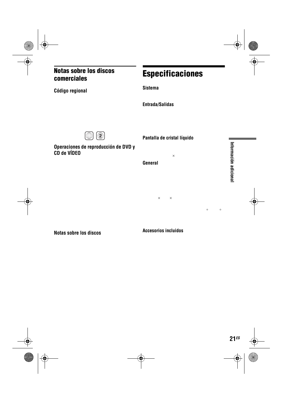 Especificaciones, Notas sobre los discos comerciales | Sony DVP-FX780 User Manual | Page 85 / 132