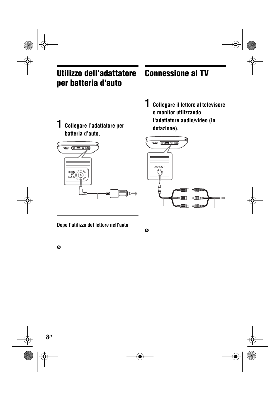 Utilizzo dell'adattatore per batteria d'auto, Connessione al tv | Sony DVP-FX780 User Manual | Page 94 / 132