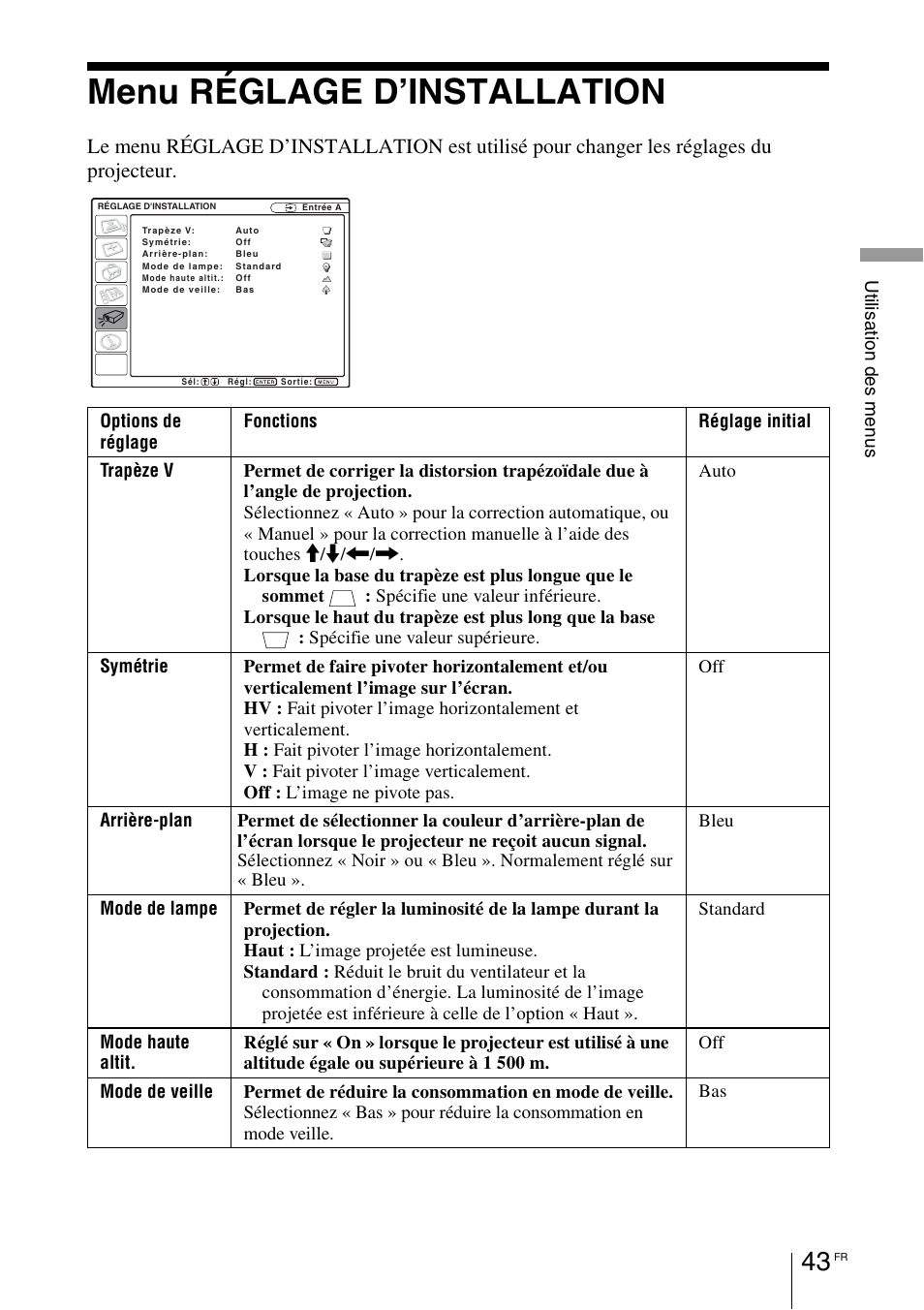 Menu réglage d’installation, Menu réglage, D’installation | Sony VPL-BW7 User Manual | Page 105 / 324