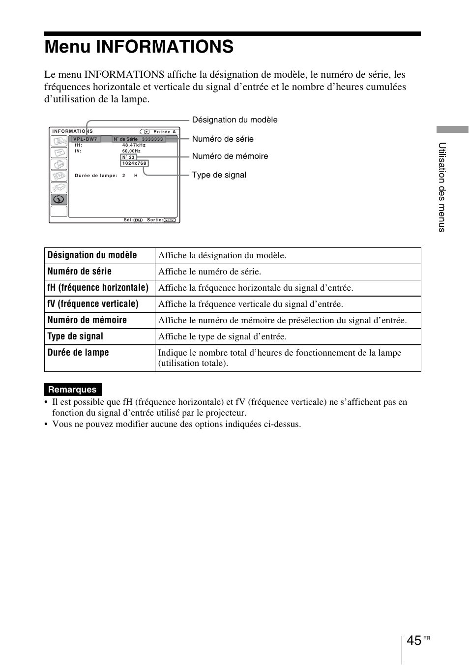 Menu informations | Sony VPL-BW7 User Manual | Page 107 / 324