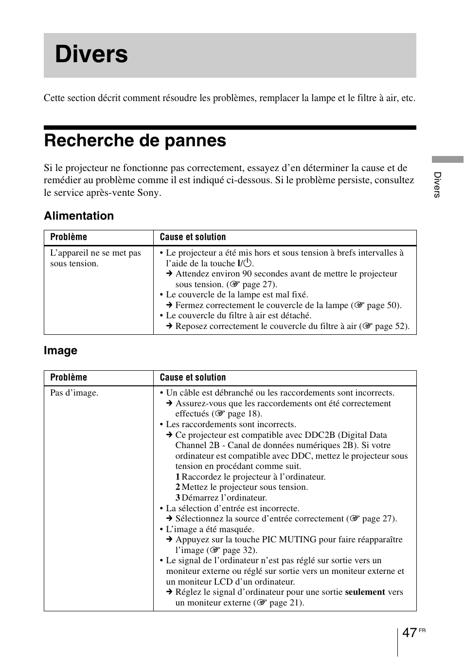 Divers, Recherche de pannes | Sony VPL-BW7 User Manual | Page 109 / 324