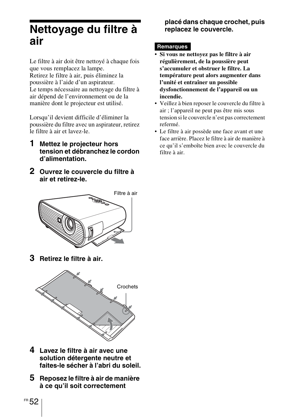 Nettoyage du filtre à air | Sony VPL-BW7 User Manual | Page 114 / 324