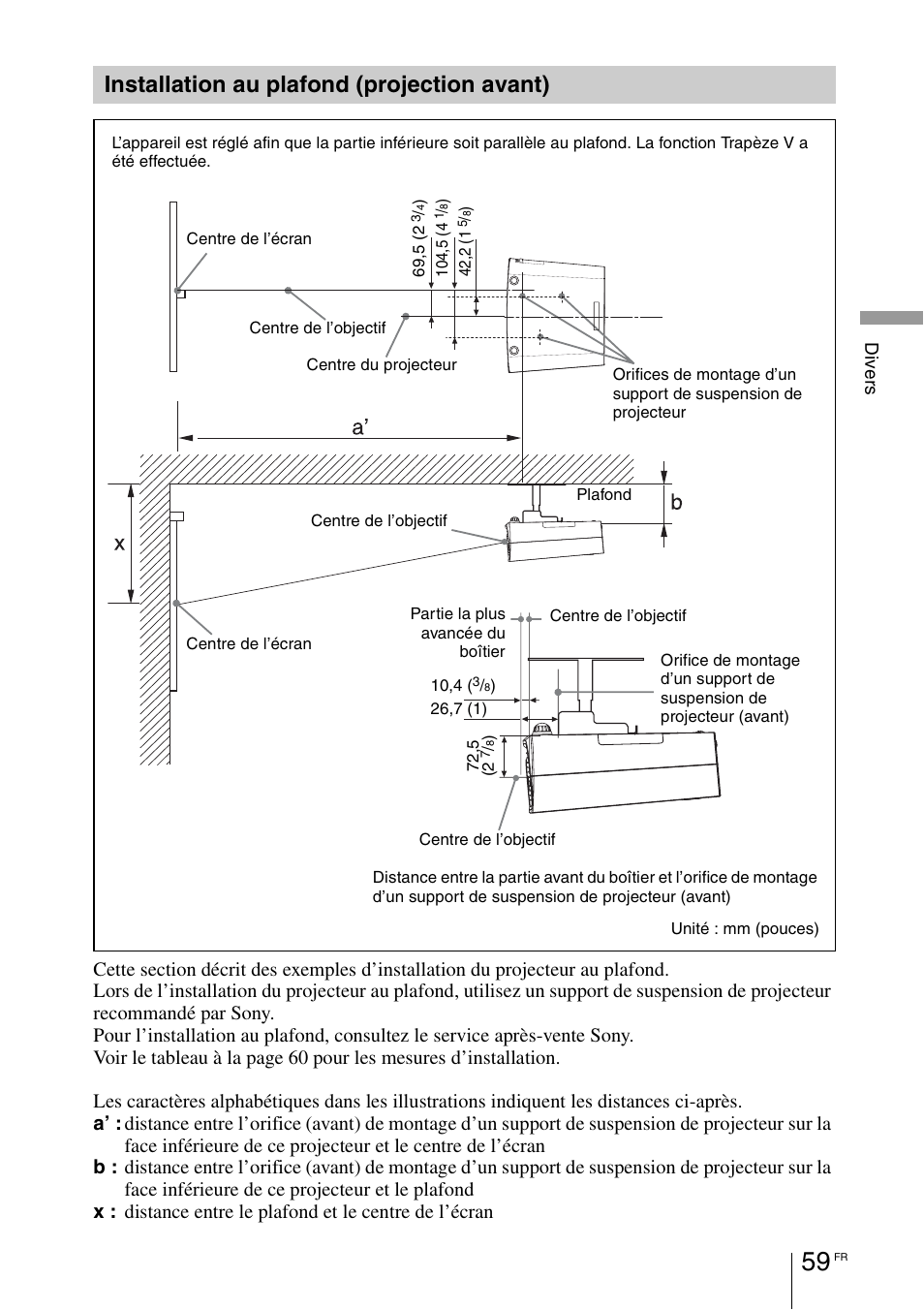 Installation au plafond (projection avant), Installation au plafond, Projection avant) | Sony VPL-BW7 User Manual | Page 121 / 324